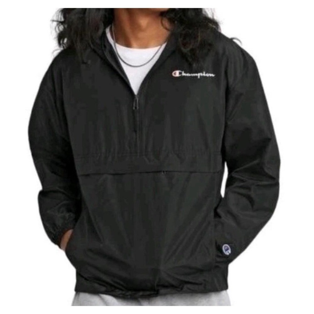 Champion Windbreaker Jacket Anorak 1/2 Zip Hooded Packable Zip Pockets Men L